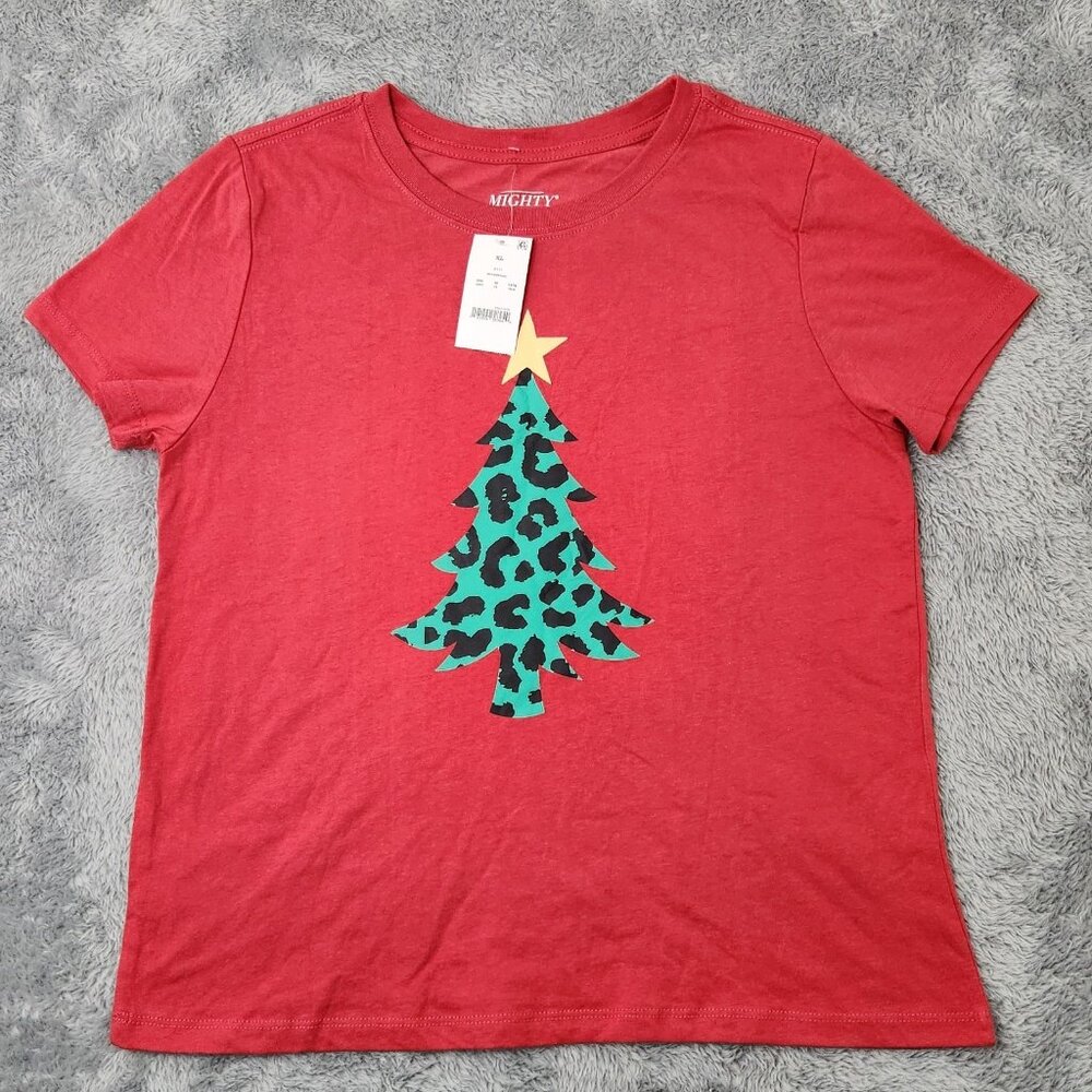 Mighty Fine‎ T-Shirt Womens XL Red Christmas Tree Graphic Leopard Print Design